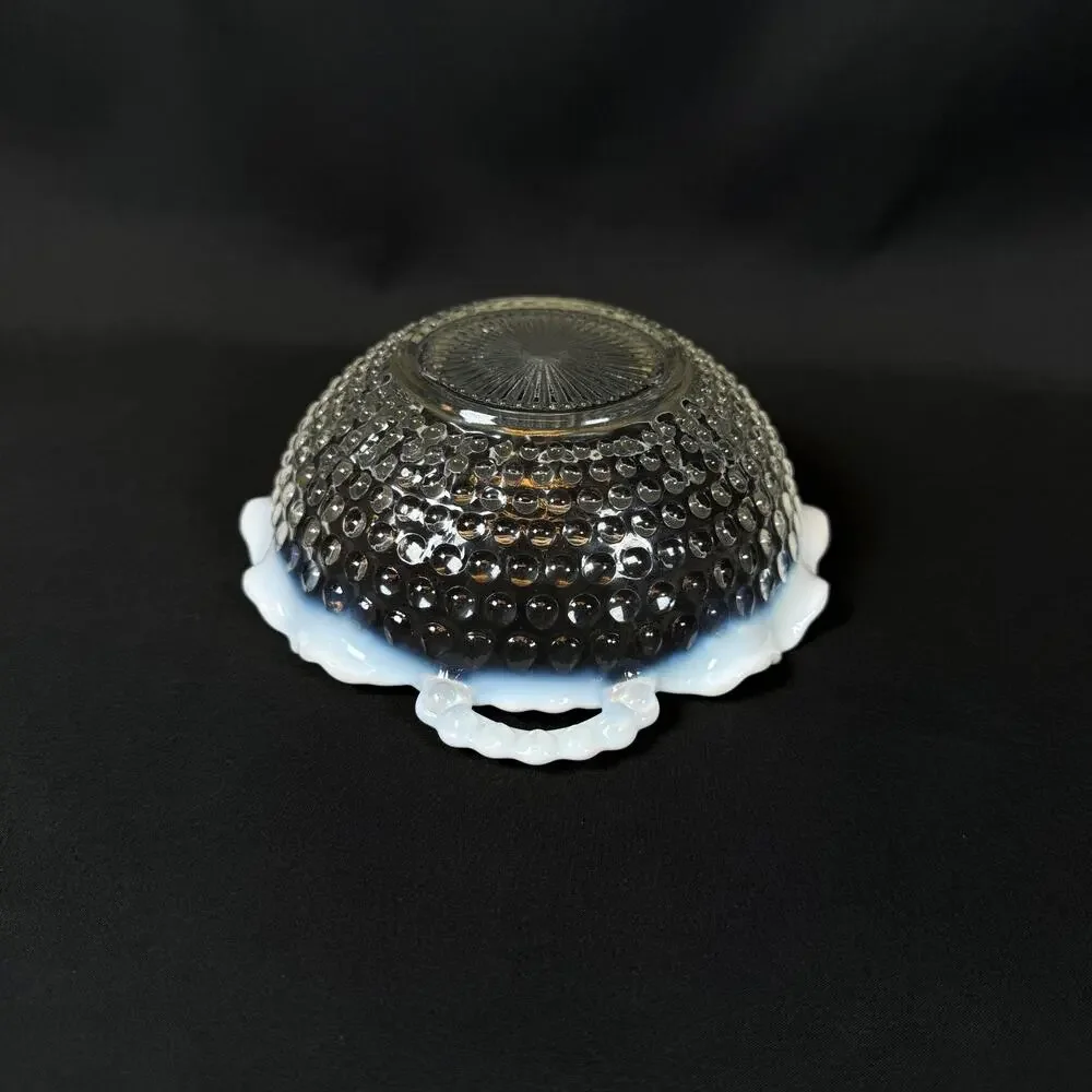 Vintage Anchor Hocking Hobnail Moonstone Opalescent Ruffled Glass Bowl w Handles